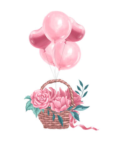 Watercolor holiday illustration of floral basket with flower bouquet, ribbon and fly air balloons isolated. For Valentine day card, invitation, print, sublimation design.の写真素材