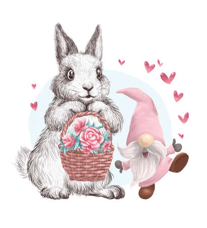 Watercolor holiday illustration with cute little bunny animal with floral basket and happy gnome isolated. For Valentine day card, invitation, print, sublimation design.の写真素材