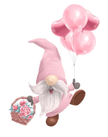 Watercolor holiday illustration with cute little gnome holding floral basket and bunch of air balloons isolated. For Valentine day card, invitation, print, sublimation design.の写真素材