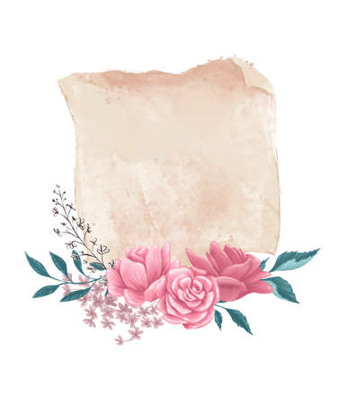Watercolor holiday illustration with paper sheet and floral arrangement isolated. For Valentine day card, invitation, print, sublimation design.の写真素材