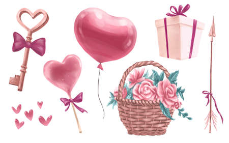 Valentines lovely set with key, floral basket, sweet heart candy, gift box, cupid arrow isolated. Watercolor holiday hand drawn illustration. For Valentine day card, invitation, print, package design.の写真素材