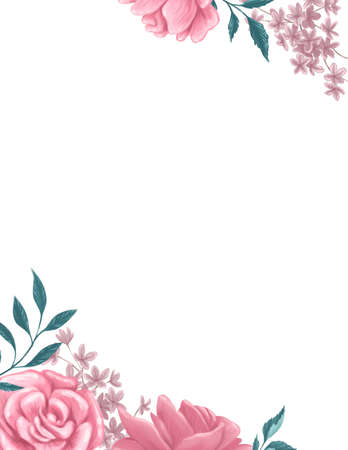 Watercolor hand drawn frame floral with flowers, roses, leaves for Valentine day card, love, wedding invitation design, print, decor.の写真素材