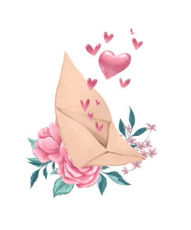 Watercolor holiday illustration with love letter, different hearts and floral arrangement isolated. Hand written greeting with love. For Valentine day card, invitation, print, sublimation design.の写真素材