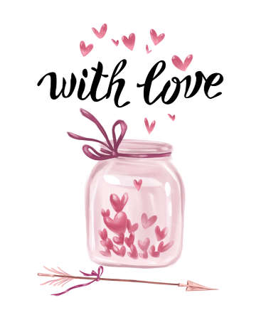 Watercolor holiday illustration with jar full of different hearts, cupid arrow and lettering isolated. Hand written greeting with love. For Valentine day card, invitation, print, sublimation design.の写真素材
