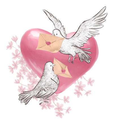Watercolor holiday illustration with two pigeons holding love letters, big heart and lilac bush backdrop isolated. For Valentine day card, invitation, print, sublimation design.の写真素材