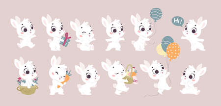Collection of cute little white baby bunny with balloons, sit, jump, carry gift, basket, carrot isolated. hare character pack. Vector flat illustration for cards, kid prints, banners design.のイラスト素材