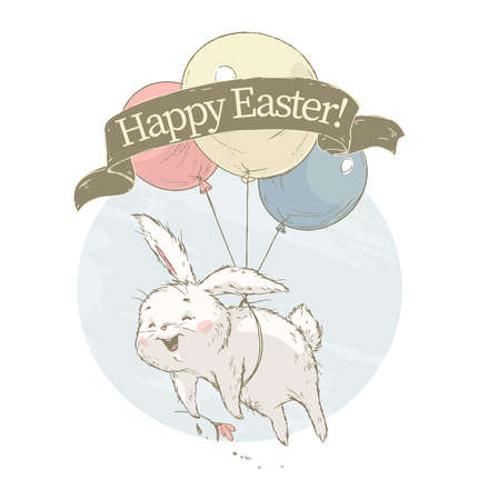 Happy Easter congratulation concept with cute little white bunny character flying on balloons isolated. Vector sketch hand drawn illustration. For spring cards, banners, stickers, prints.のイラスト素材