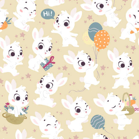 Vector seamless pattern with cute little white bunnies isolated. Nursery design, flat simple cartoon style. For banners, children cards, packaging papers, prints etc.のイラスト素材