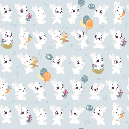 Vector seamless pattern with cute little white bunnies isolated. Nursery design, flat simple cartoon style. For banners, children cards, packaging papers, prints etc.のイラスト素材