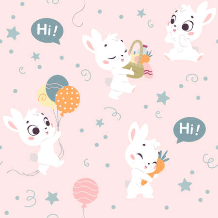 Vector seamless pattern with cute little white bunnies isolated. Nursery design, flat simple cartoon style. For banners, children cards, packaging papers, prints etc.のイラスト素材
