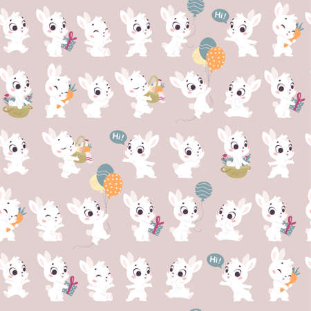 Vector seamless pattern with cute little white bunnies isolated. Nursery design, flat simple cartoon style. For banners, children cards, packaging papers, prints etc.のイラスト素材