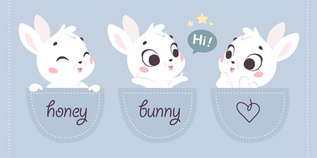 Vector flat illustration with three cute little honey bunny animal sit in cotton pocket isolated. Cartoon children illustration for prints, cards, nursery designs.のイラスト素材