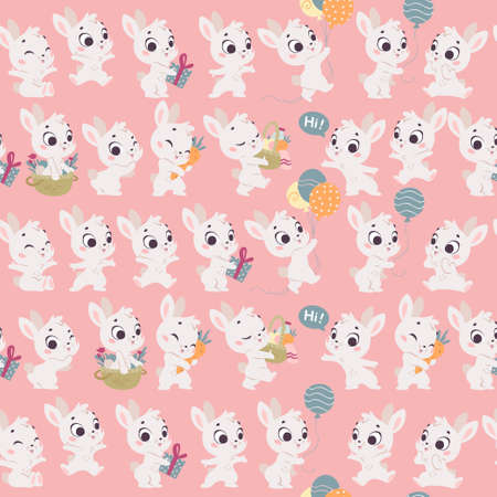 Vector seamless pattern with cute little white bunnies isolated. Nursery design, flat simple cartoon style. For banners, children cards, packaging papers, prints etc.のイラスト素材