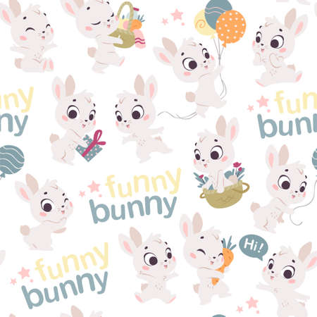 Vector seamless pattern with cute little white bunnies isolated. Nursery design, flat simple cartoon style. For banners, children cards, packaging papers, prints etc.のイラスト素材