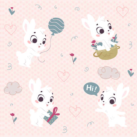 Vector seamless pattern with cute little white bunnies isolated. Nursery design, flat simple cartoon style. For banners, children cards, packaging papers, prints etc.のイラスト素材