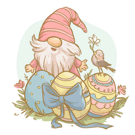Happy Easter greeting concept with adorable little gnome sitting next to easter eggs and flowers isolated. Vector watercolor hand drawn vintage illustration. For cards, posters, prints etc.のイラスト素材