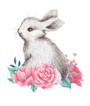 Happy Easter congratulation card design with cute bunny sit in pastel colored spring flowers isolated. Watercolor hand drawn illustration. For prints, banners, invitations etc.の写真素材