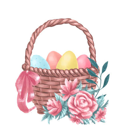 Happy Easter congratulation card design with pastel colored easter eggs in basket isolated. Watercolor hand drawn illustration. For prints, banners, invitations etc.の写真素材