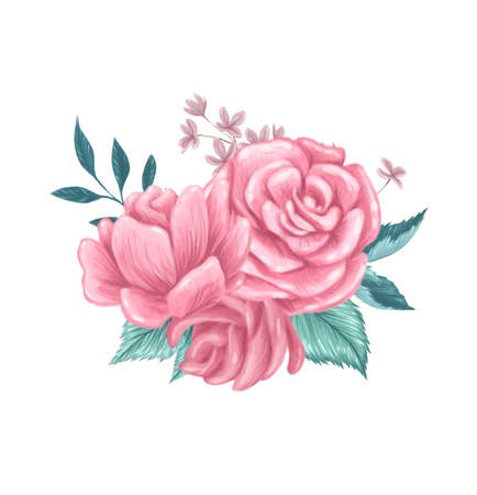 Spring congratulation card design with pastel colored roses flowers arrangement isolated. Watercolor hand drawn illustration. For wedding prints, banners, invitations etc.の写真素材