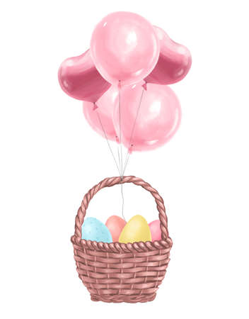 Happy Easter congratulation card design with pastel colored easter eggs in basket isolated. Watercolor hand drawn illustration. For prints, banners, invitations etc.の写真素材