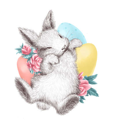 Happy Easter congratulation card design with cute bunny, pastel colored easter eggs and spring flowers isolated. Watercolor hand drawn illustration. For prints, banners, invitations etc.の写真素材