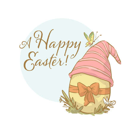 Vector Happy Easter congratulation design with text greeting and easter egg in gnome hat isolated. Hand drawn sketch vintage style illustration. For cards, invitations, prints, banners etc.のイラスト素材