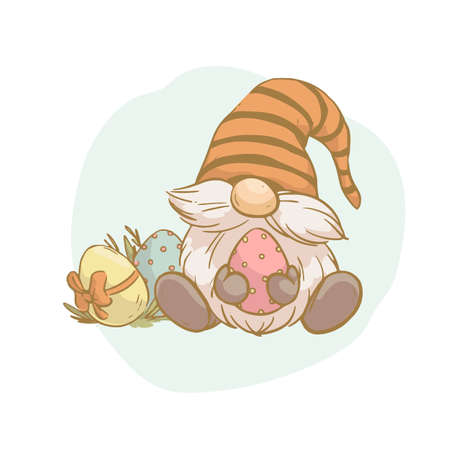 Vector Easter illustration with funny spring gnome and Easter eggs isolated. Hand drawn sketch vintage style. For cards, invitations, prints, banners etc.のイラスト素材