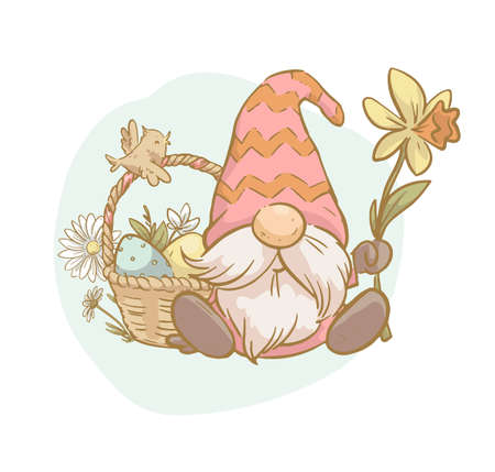 Vector Easter illustration with funny spring gnome sit with daffodil and basket full of Easter eggs isolated. Hand drawn sketch vintage style. For cards, invitations, prints, banners etc.のイラスト素材