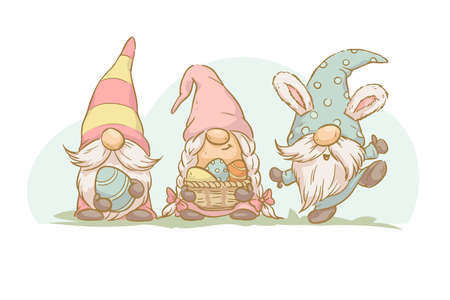 Vector Easter illustration with three funny spring gnome with Easter eggs and basket isolated. Hand drawn sketch vintage style. For cards, invitations, prints, banners etc.のイラスト素材