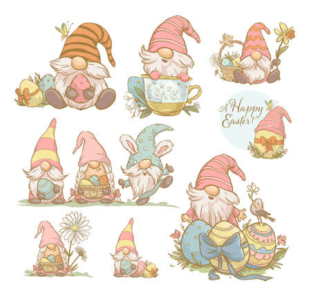 Collection of Easter designs with funny spring gnomes, easter eggs, bunny ears isolated. Vector hand drawn sketch vintage style illustration. For cards, invitations, prints, banners etc.のイラスト素材