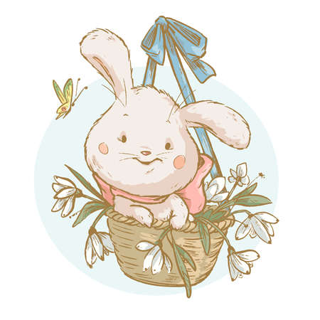 Vector spring illustration of cute bunny sit in basket with flowers isolated. Vintage hand drawn sketch style. For cards, prints, posters, banners etc.のイラスト素材