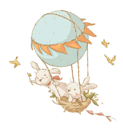 Vector spring illustration of two cute bunny flying on big air balloon isolated. Vintage hand drawn sketch style. For cards, prints, posters, banners etc.のイラスト素材