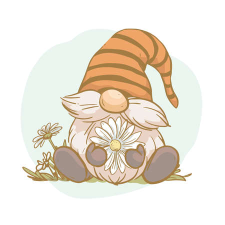 Vector spring illustration of cute little gnome sit with chamomile flowers isolated. Vintage hand drawn sketch style. For cards, prints, posters, banners etc.のイラスト素材
