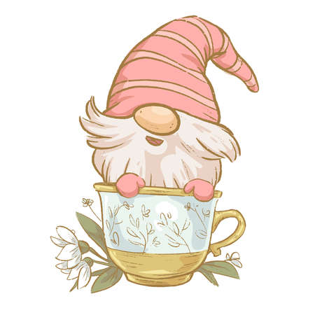 Vector spring illustration of cute little gnome sit in tea cup with flowers isolated. Vintage hand drawn sketch style. For cards, prints, posters, banners etc.のイラスト素材