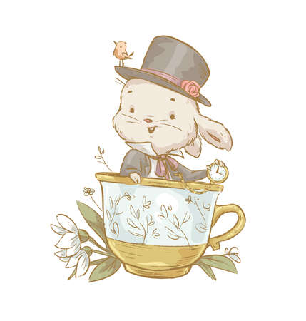 Vector spring illustration of cute bunny in top hat and suit with pocket watch sitting in huge tea cup isolated. Vintage hand drawn sketch style. For cards, prints, posters, banners etc.のイラスト素材
