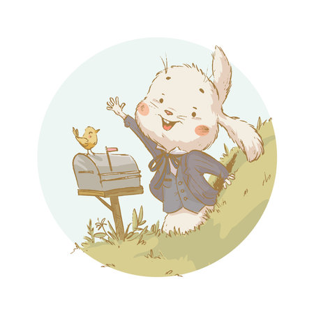 Vector spring illustration of cute bunny waving in his hole in green hill at mailbox isolated. Vintage hand drawn sketch style. For cards, prints, posters, banners etc.のイラスト素材