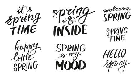 Collection of hand written welcome spring quotes isolated. For apparel, tshirt prints, cards, sublimation design etc.のイラスト素材
