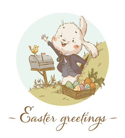 Vector Happy Easter greetings illustration with cute adorable white bunny character in jacket waving at his hole isolated. Flat vintage sketch hand drawn style. For Easter card, print, poster, banner.のイラスト素材