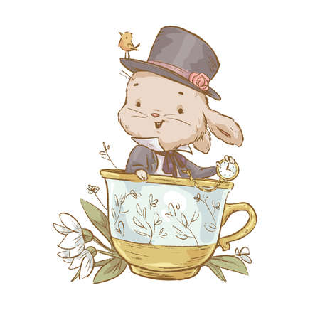 Vector Happy Easter illustration with cute adorable white bunny character in top hat with pocket watch sit in tea cup. Flat vintage sketch hand drawn style. For Easter card, print, poster, banner etc.のイラスト素材