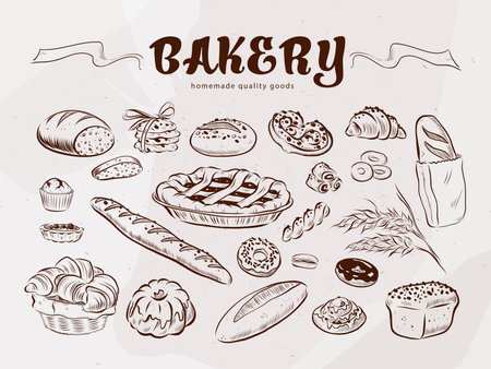 Collection of bakery goods isolated â croissant, bread, cake, muffin, donut. Vector hand drawn sketch illustration. For menu design, logo template.のイラスト素材