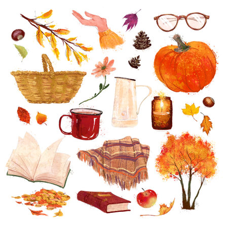 Collection of autumn cozy traditional elements â pumpkin, plaid, book, apple, park trees isolated. Warecolor hand drawn fall illustration.の写真素材