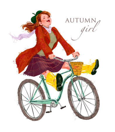 Happy young lady in red coat ride a bike in the autumn park. Warecolor hand drawn fall illustration.の写真素材