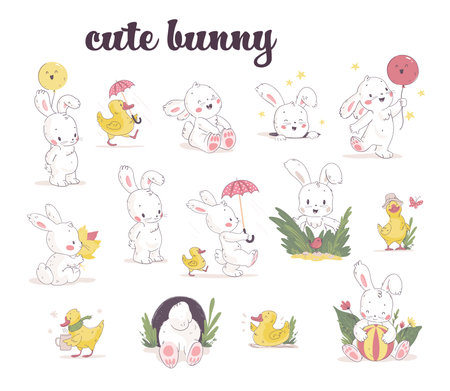 Collection of cute adorable white bunny with balloon, gift, carrot isolated. Vector flat cartoon illustration. For children cards, prints.のイラスト素材