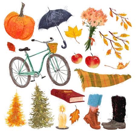 Collection of autumn cozy traditional elements â pumpkin, plaid, book, apple, park trees isolated. Watercolor hand drawn fall illustration.の写真素材