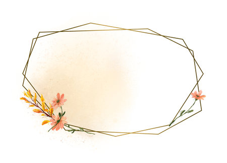 Beautiful golden geometric frame with autumn mood. Watercolor hand drawn fall illustration. For cards design, banners, packaging etc.の写真素材