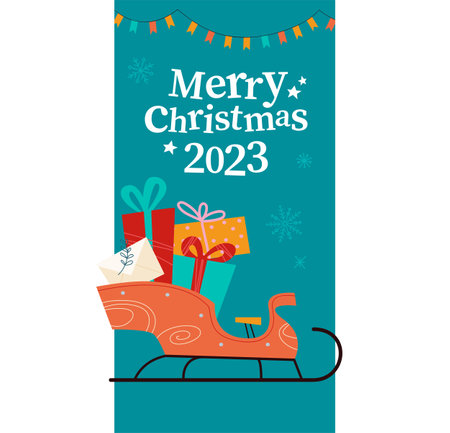 Merry Christmas 2023 congratulation design with text greeting and sleigh full of presents. Vector flat Christmas illustration. For banners, cards, package.のイラスト素材