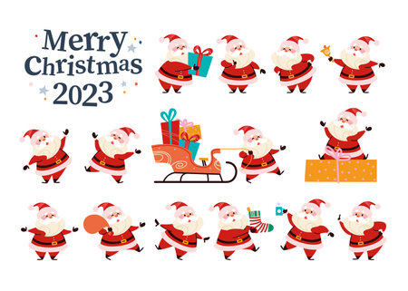 Santa Claus different characters collection. Santa with gift box, bell, presents sleigh and carry Christmas stocking and gift bag. Vector flat Christmas illustration. For banner, sticker.のイラスト素材