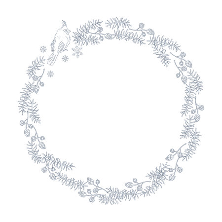 Christmas stylish decor holiday wreath for cards, banners, invitations, packaging. Vector flat outline illustration. line art.のイラスト素材
