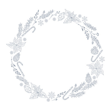 Christmas stylish decor holiday wreath for cards, banners, invitations, packaging. Vector flat outline illustration. line art.のイラスト素材