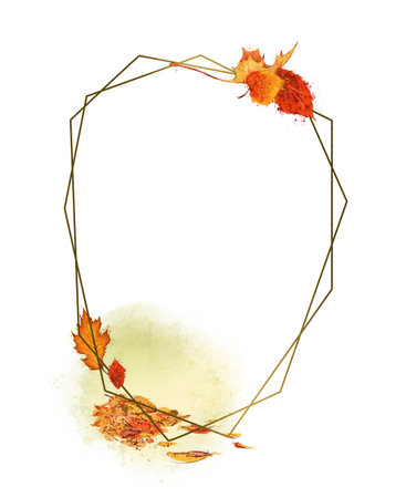Beautiful golden geometric frame with autumn mood. Watercolor hand drawn fall illustration. For cards design, banners, packaging etc.の写真素材
